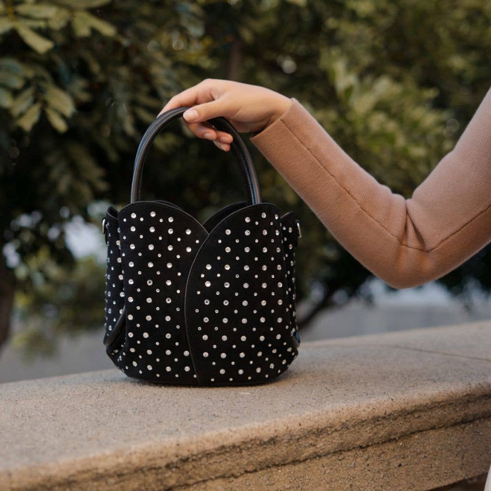 Melie Bianco Tulip Black Recycled Vegan Rhinestone Top Handle Bag