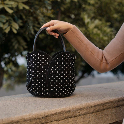 Melie Bianco Tulip Black Recycled Vegan Rhinestone Top Handle Bag