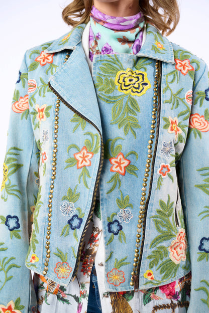 Aratta Lucinda Embroidered Denim Motorcycle Jacket