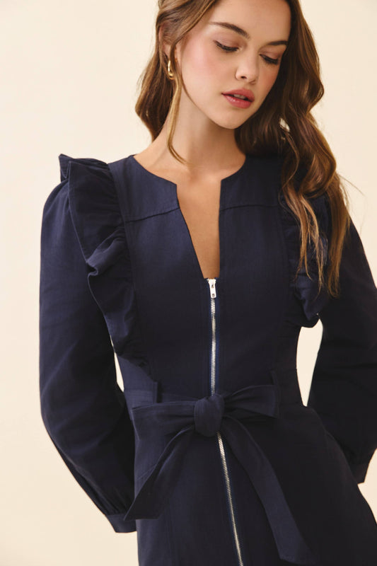 Structured Front Zipper Closures Ruffle Trim Dress