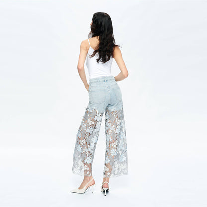 BAYEAS HIGH RISE WIDE LEG JEANS WITH LACE SPLICED