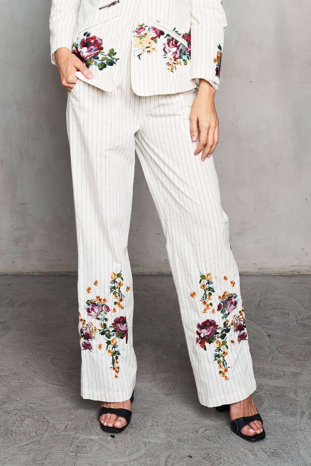 Paparazzi Woven Yarn Dyed Embroided Pin Stripe Blazer And Pants Set