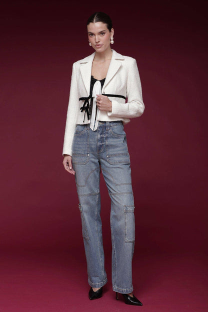 Avec les Filles Velvet Bow Trim Tweed Jacket
