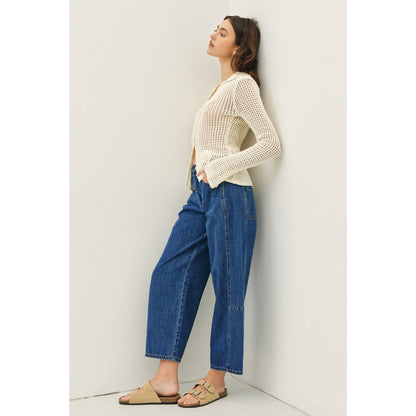 MID RISE BARREL LEG ANKLE DENIM PANTS WITH POCKETS
