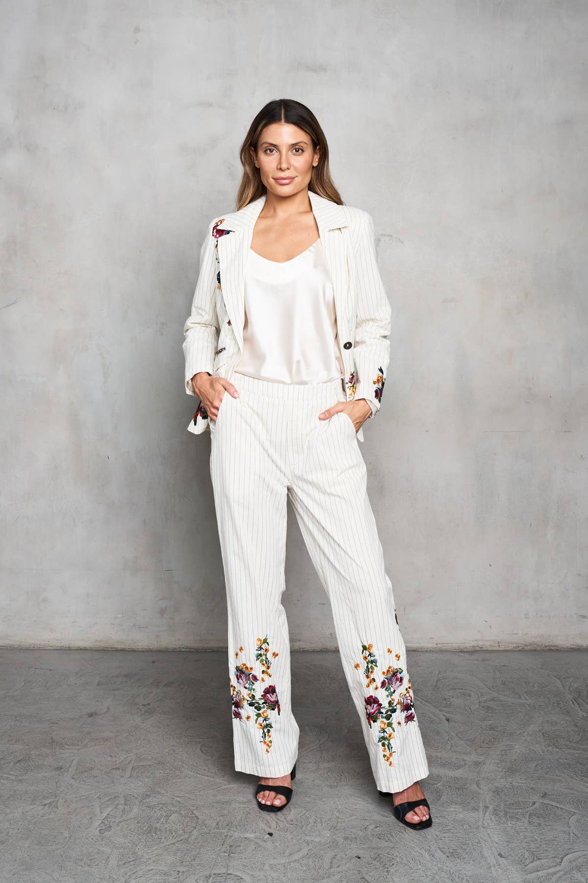 Paparazzi Woven Yarn Dyed Pin Striped Embroidered Trim Pant