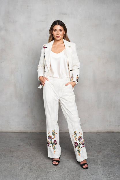 Paparazzi Woven Yarn Dyed Pin Striped Embroidered Trim Pant