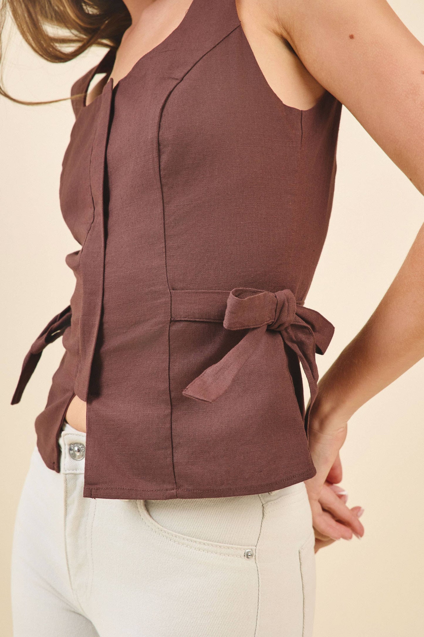 Square Neckline Self Tie Accents Sleeveless Top