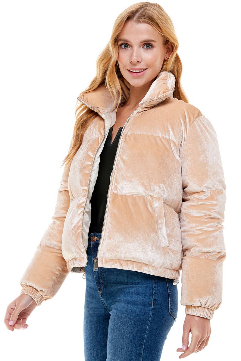 Beige Velvet Puffer Jacket
