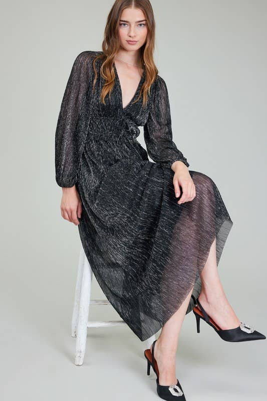 Current Air Metallic Pleated Long Dress