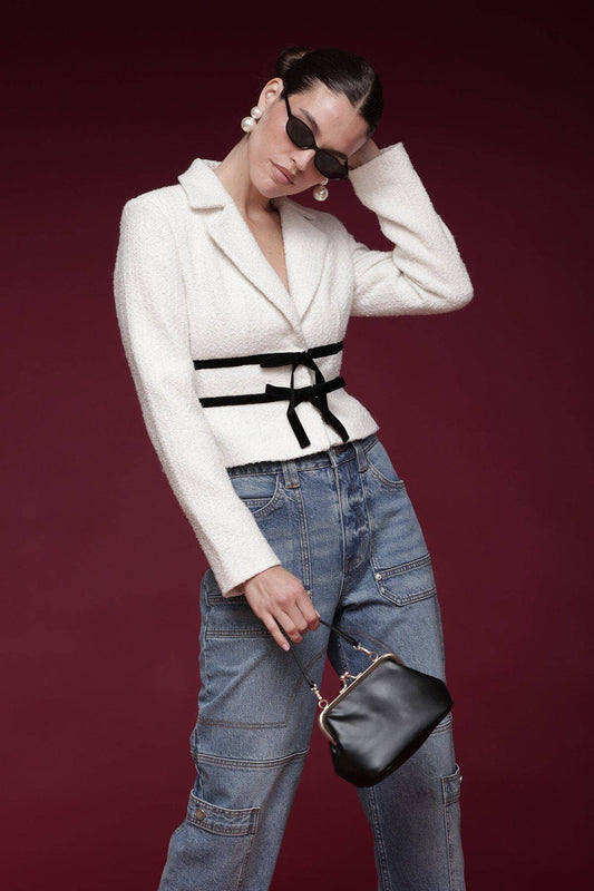 Avec les Filles Velvet Bow Trim Tweed Jacket