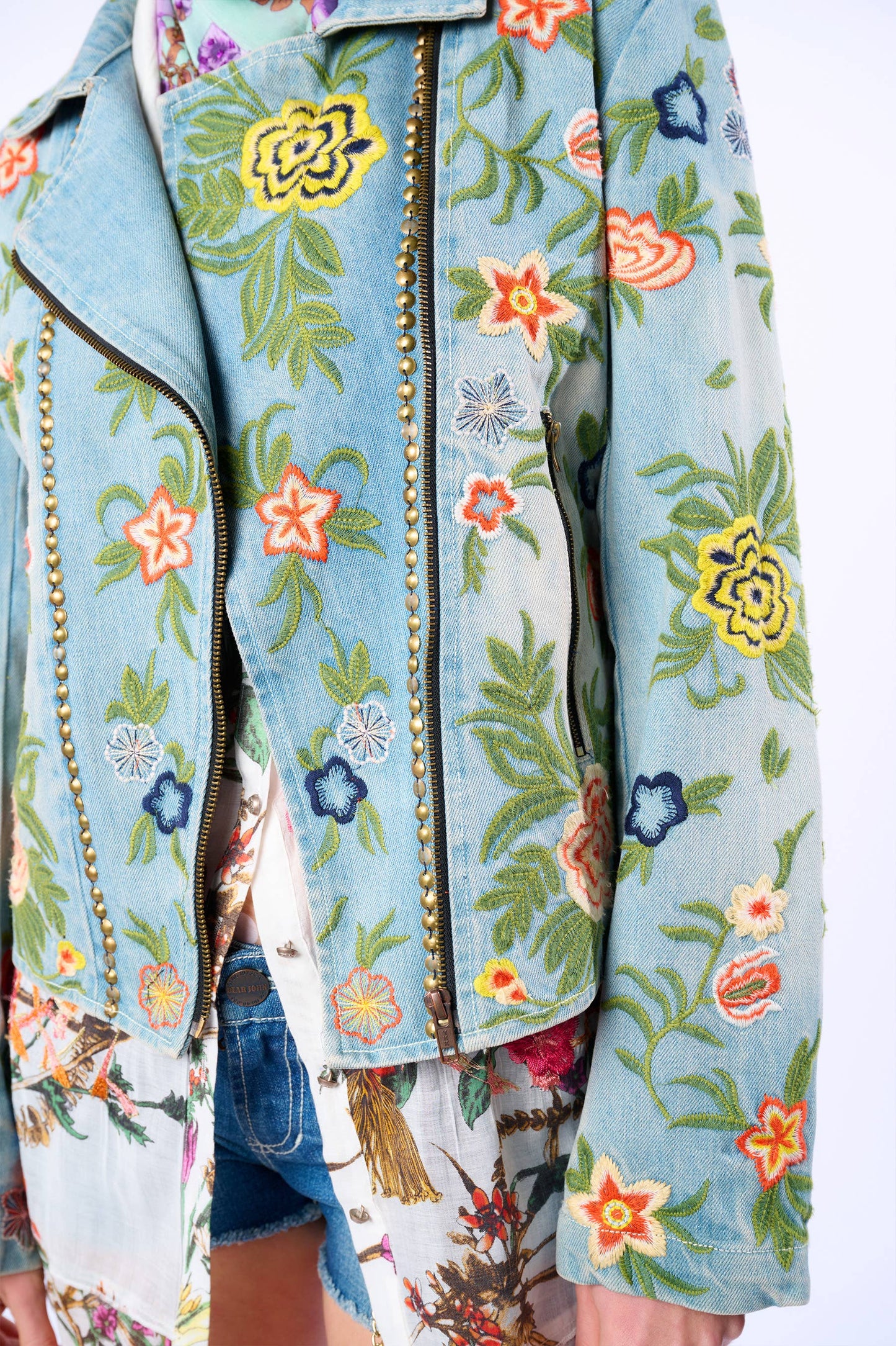 Aratta Lucinda Embroidered Denim Motorcycle Jacket