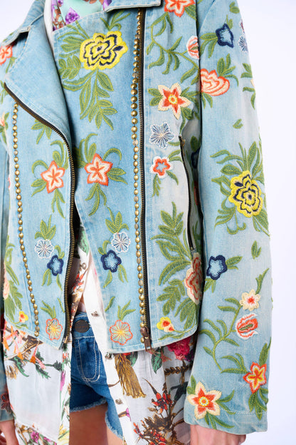 Aratta Lucinda Embroidered Denim Motorcycle Jacket