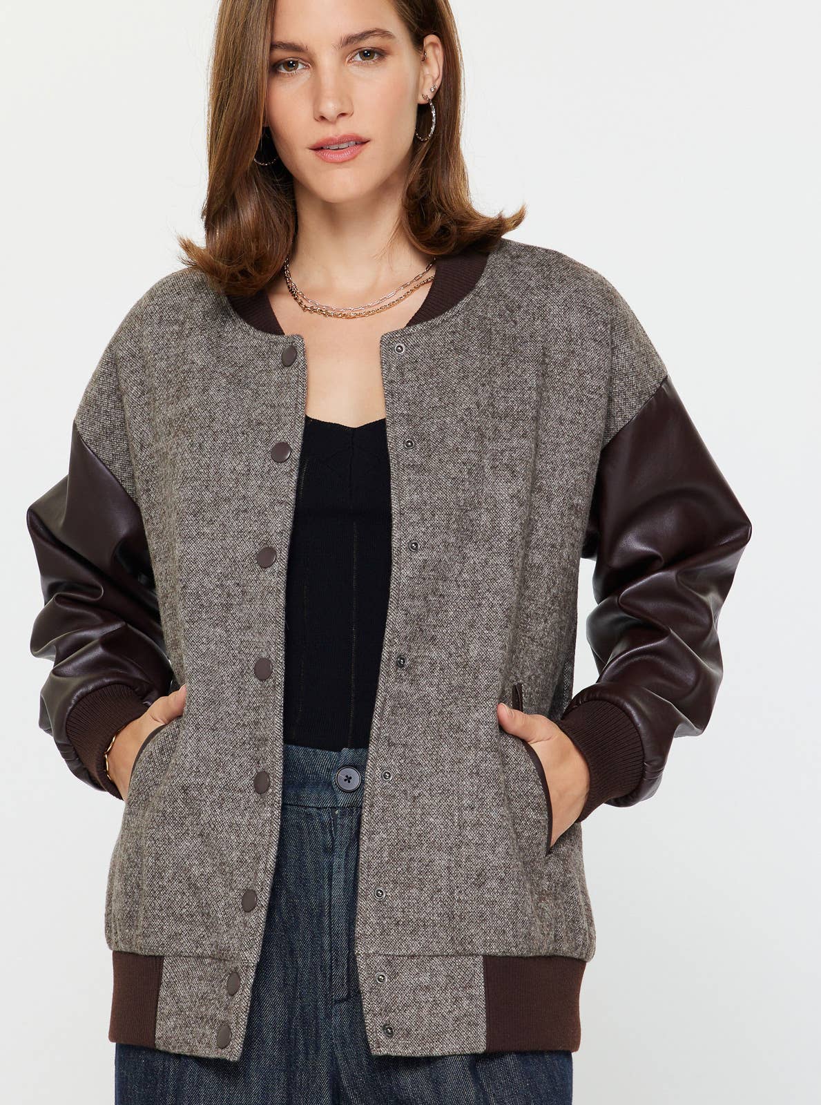 Current Air Oversized Pu Sleeve & Wool Blend Jacket