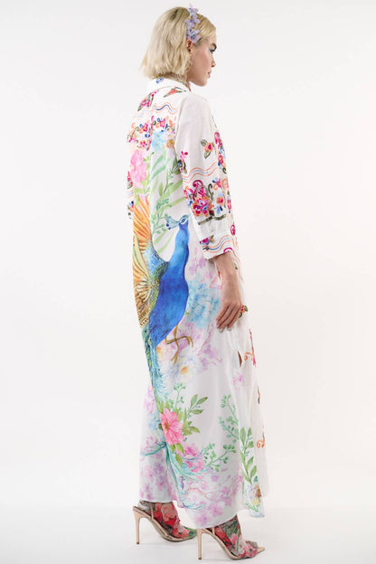 Aratta Beauty Mark Maxi Duster- White | Floral Coat Dress