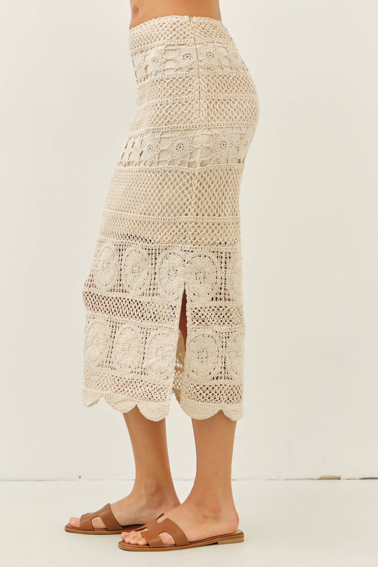 FLORAL SHEER CROCHET TOP AND SKIRT SET WITH SCALLOP HEM