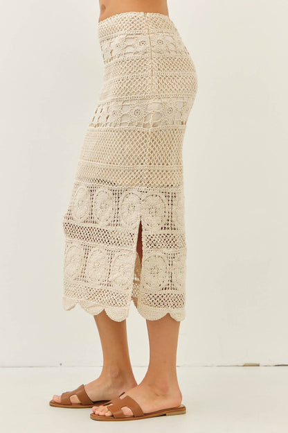 FLORAL SHEER CROCHET TOP AND SKIRT SET WITH SCALLOP HEM