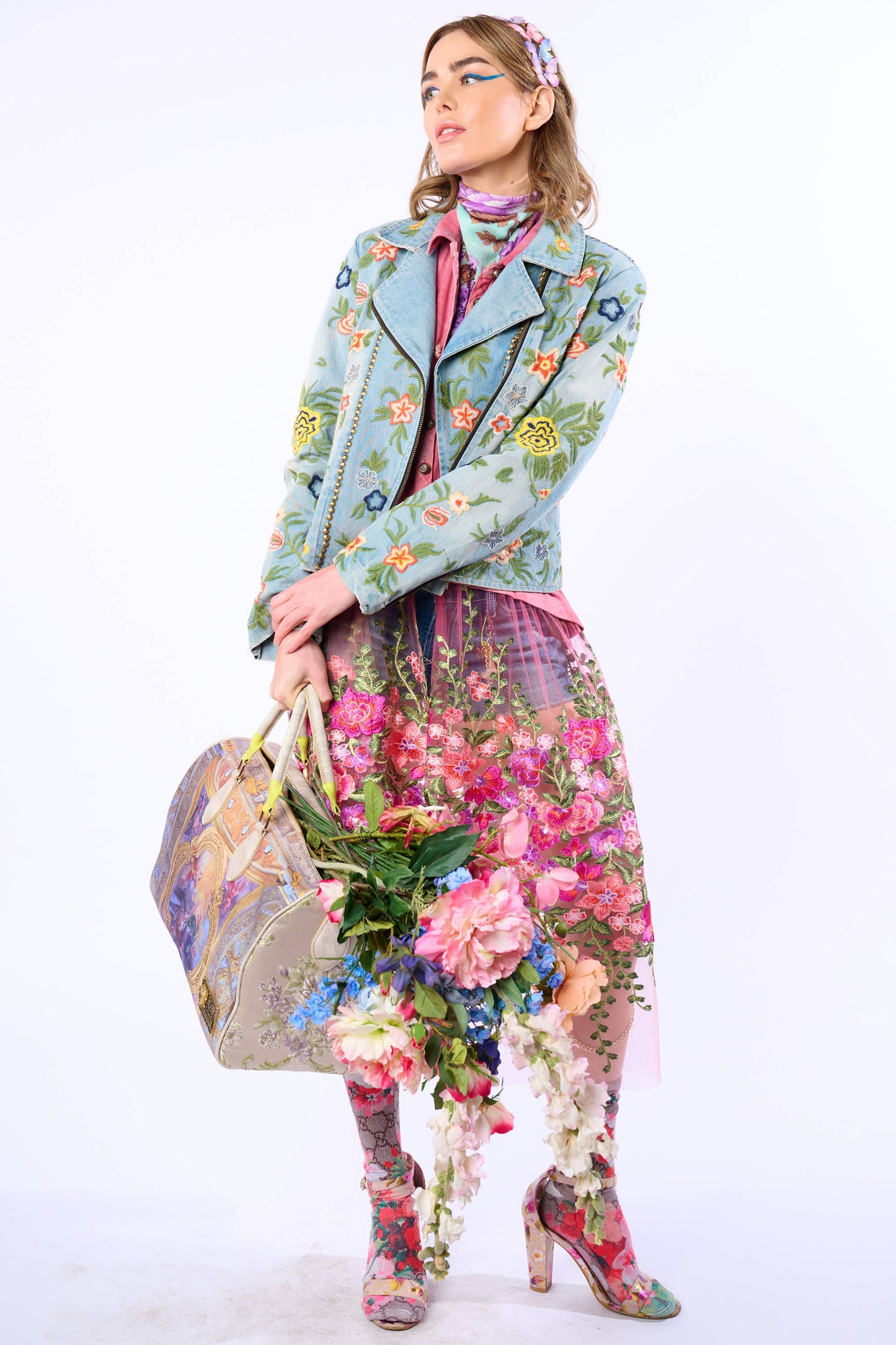 Aratta Lucinda Embroidered Denim Motorcycle Jacket