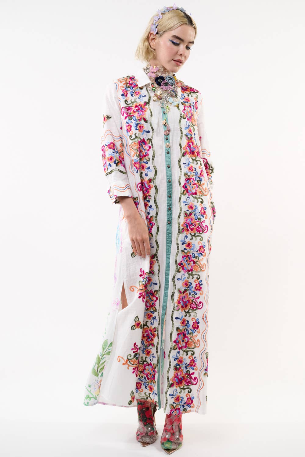 Aratta Beauty Mark Maxi Duster- White | Floral Coat Dress