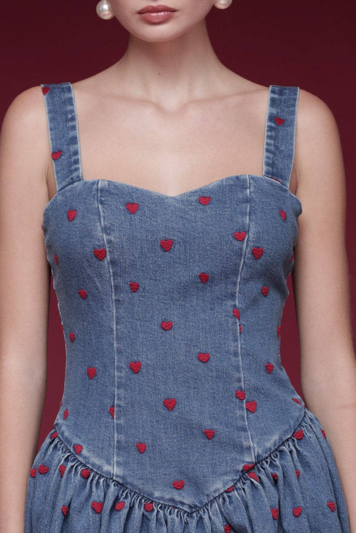 Avec Les Filles Heart Embroidered Denim Drop-Waist Mini Dress