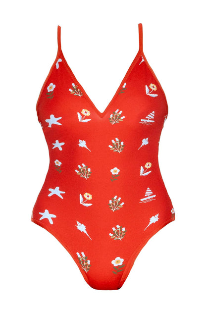 Jessie Zhao Red Coral Reversible V-Neck One-Piece Swimsuit