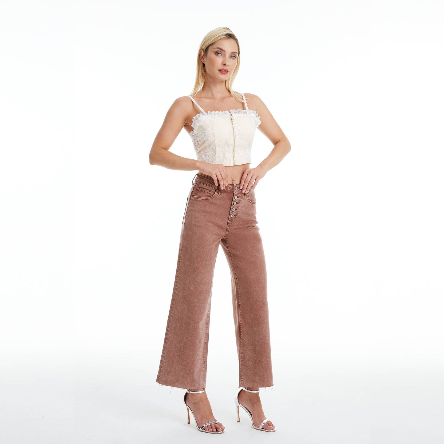 BAYEAS HIGH RISE WIDE LEG TWILL PANTS(RAW HEM,BUTTON FLY)