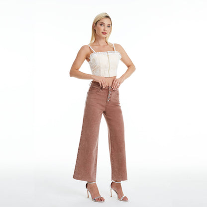 BAYEAS HIGH RISE WIDE LEG TWILL PANTS(RAW HEM,BUTTON FLY)