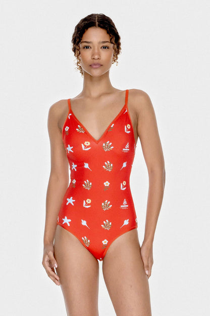 Jessie Zhao Red Coral Reversible V-Neck One-Piece Swimsuit