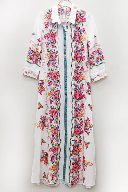 Aratta Beauty Mark Maxi Duster- White | Floral Coat Dress