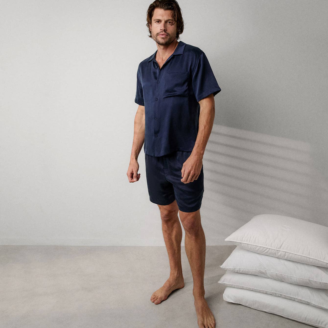 Men's Washable Silk Button Up Short Set