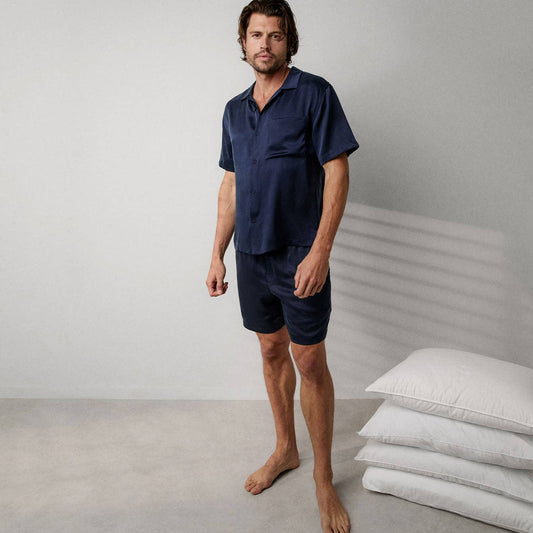 Men's Washable Silk Button Up Short Set