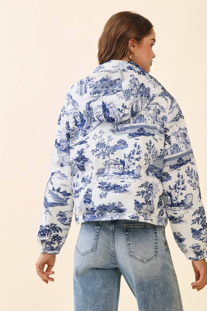 Antique Print Zip Up Snap Button Puffer Jacket