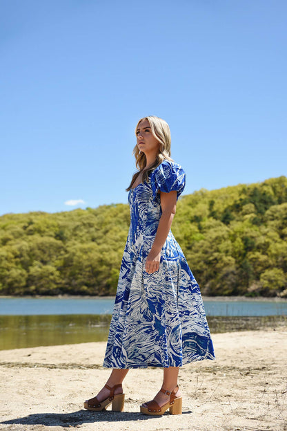 Jessie Zhao Blue Printmaking Scoop Neck Cotton Midi Dress
