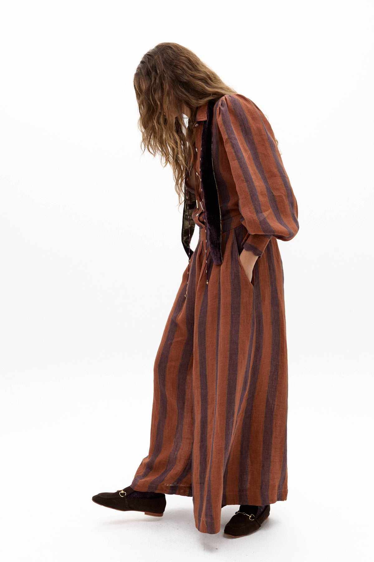 Lanhtropy Sabi Linen Pants in Camino Brick Stripes Print
