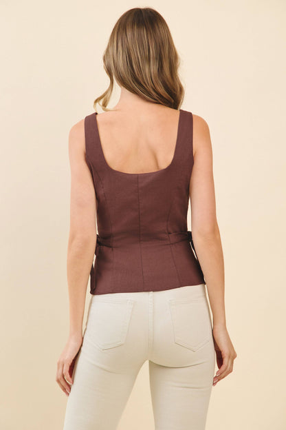 Square Neckline Self Tie Accents Sleeveless Top