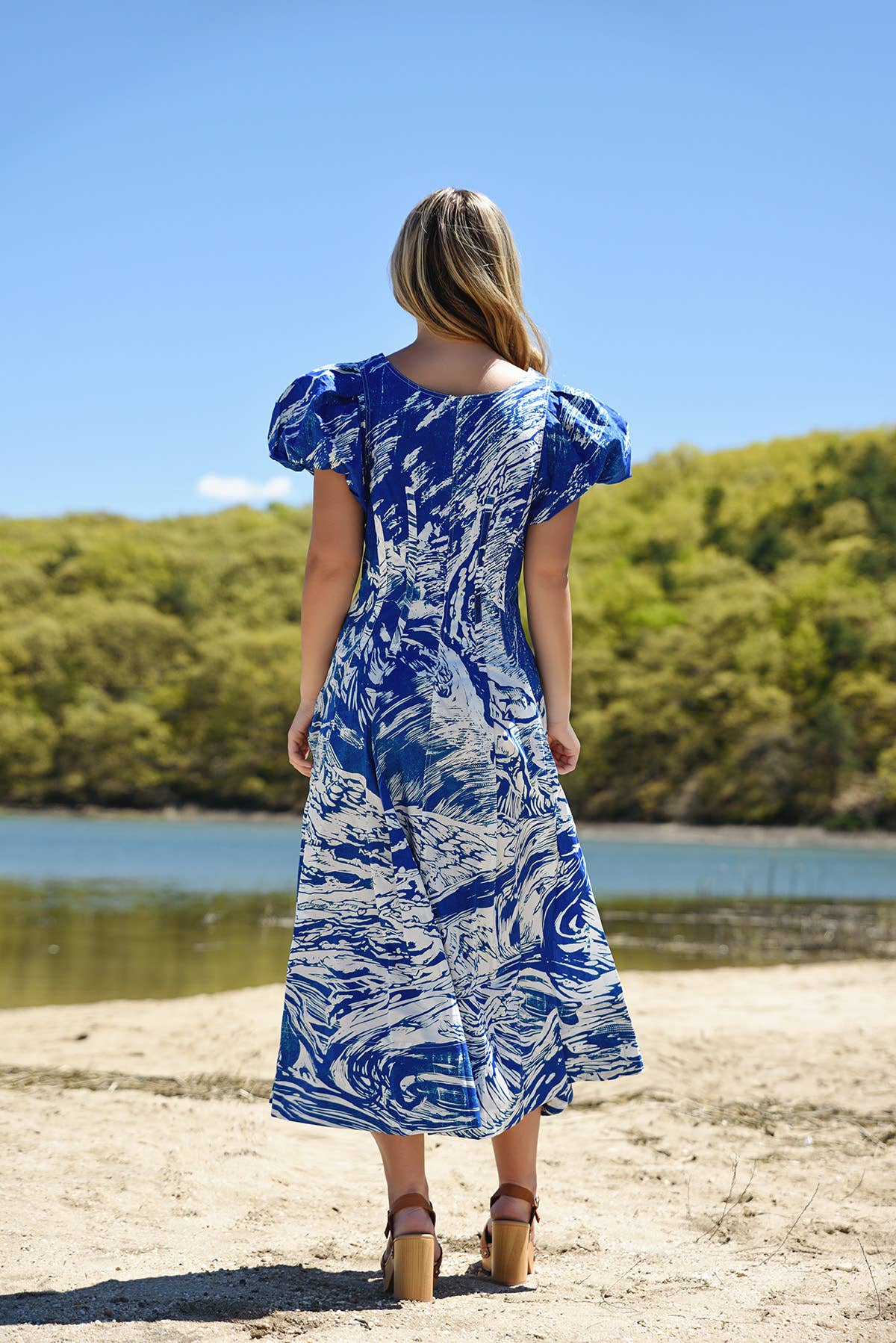 Jessie Zhao Blue Printmaking Scoop Neck Cotton Midi Dress