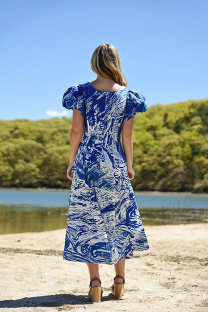 Jessie Zhao Blue Printmaking Scoop Neck Cotton Midi Dress