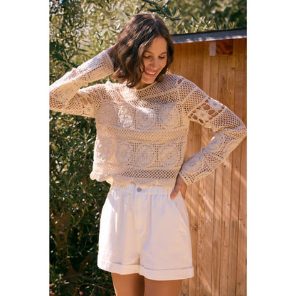 FLORAL SHEER CROCHET TOP AND SKIRT SET WITH SCALLOP HEM