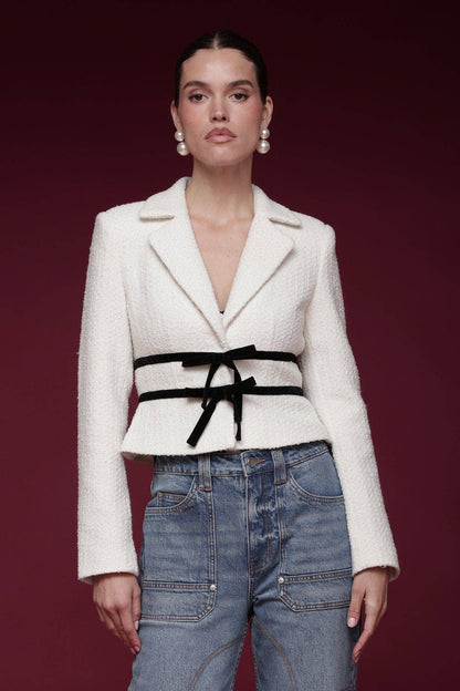 Avec les Filles Velvet Bow Trim Tweed Jacket
