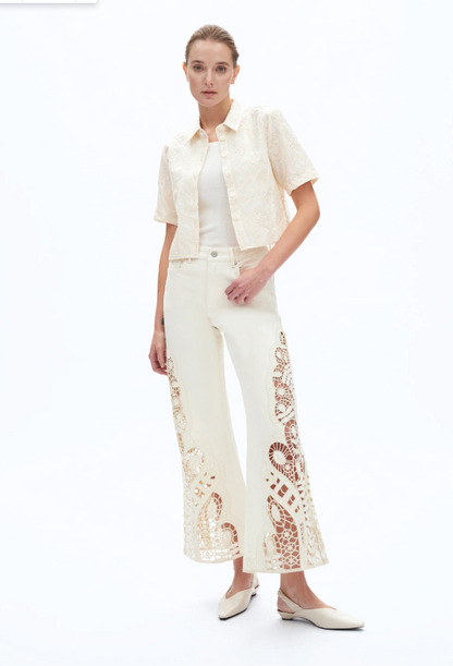 Bayeas Embroidered  Beige High Rise Wide Leg Pants