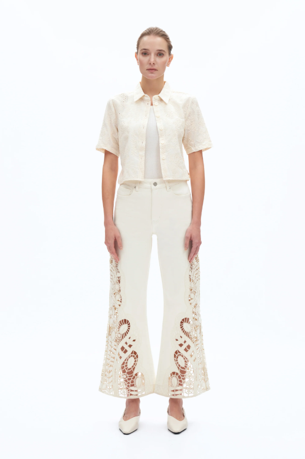 Bayeas Embroidered  Beige High Rise Wide Leg Pants