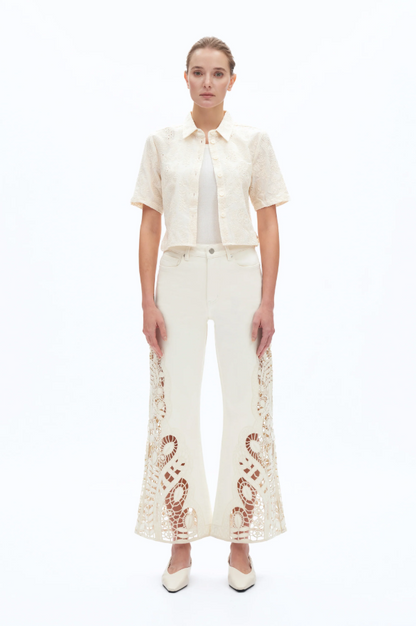Bayeas Embroidered  Beige High Rise Wide Leg Pants