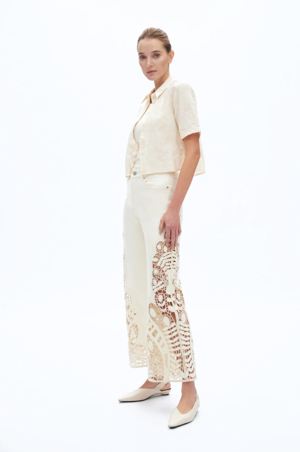 Bayeas Embroidered  Beige High Rise Wide Leg Pants