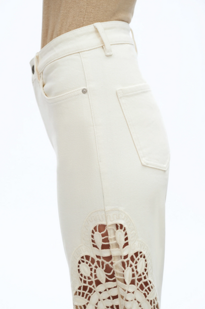 Bayeas Embroidered  Beige High Rise Wide Leg Pants