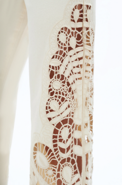 Bayeas Embroidered  Beige High Rise Wide Leg Pants