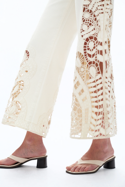 Bayeas Embroidered  Beige High Rise Wide Leg Pants
