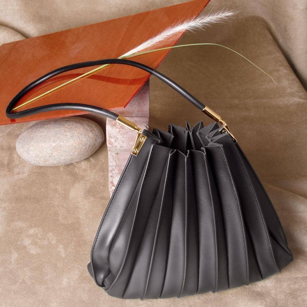 Melie Bianco Carrie Black Pleated Vegan Leather Shoulder Bag