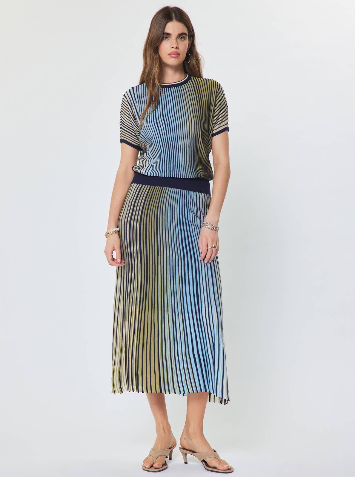 Current Air Striped Dolan Sleeve Sweater and Midi Skirt Set