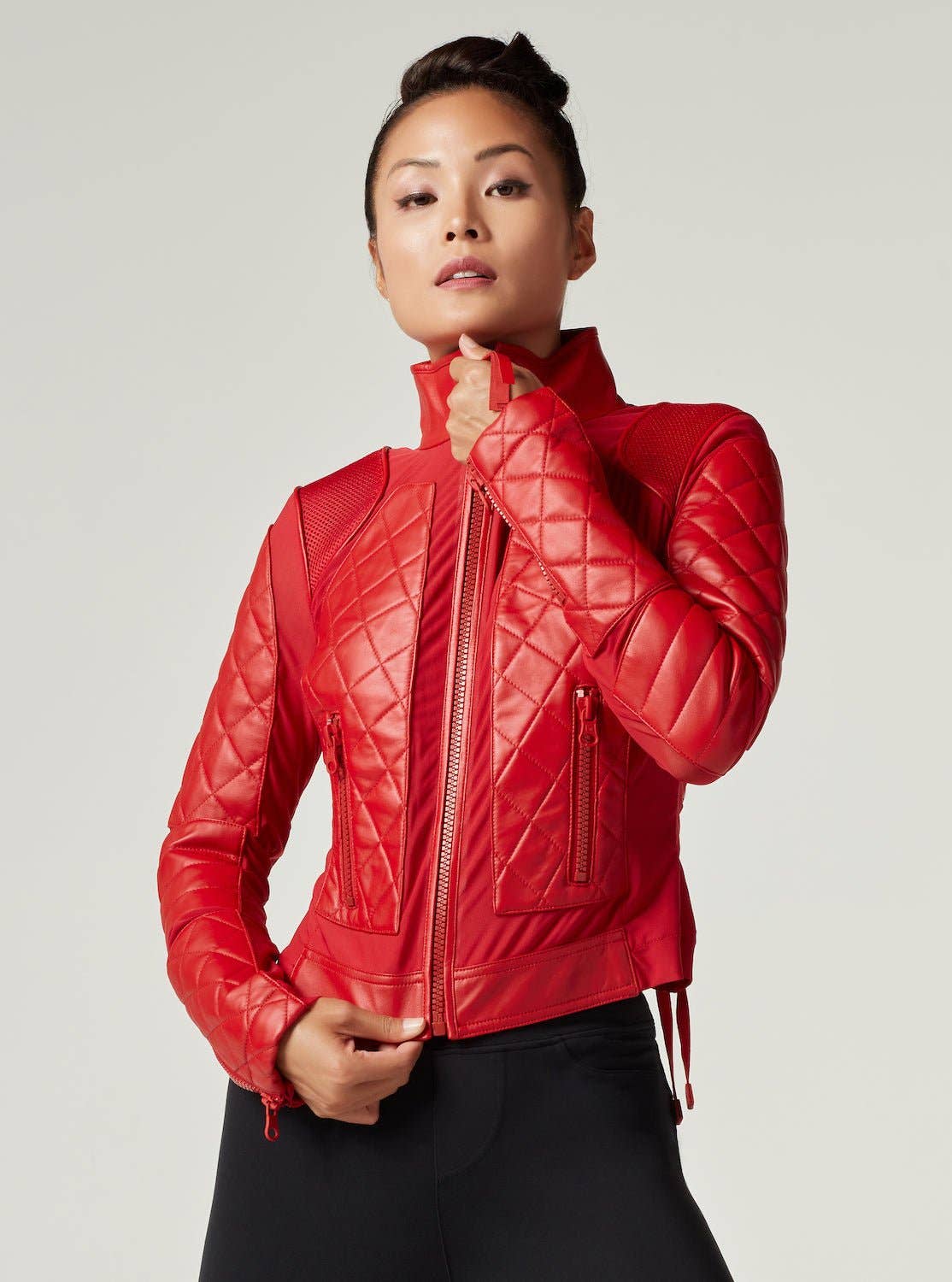 Blanc Noir Classic Red Leather Mesh Moto Jacket