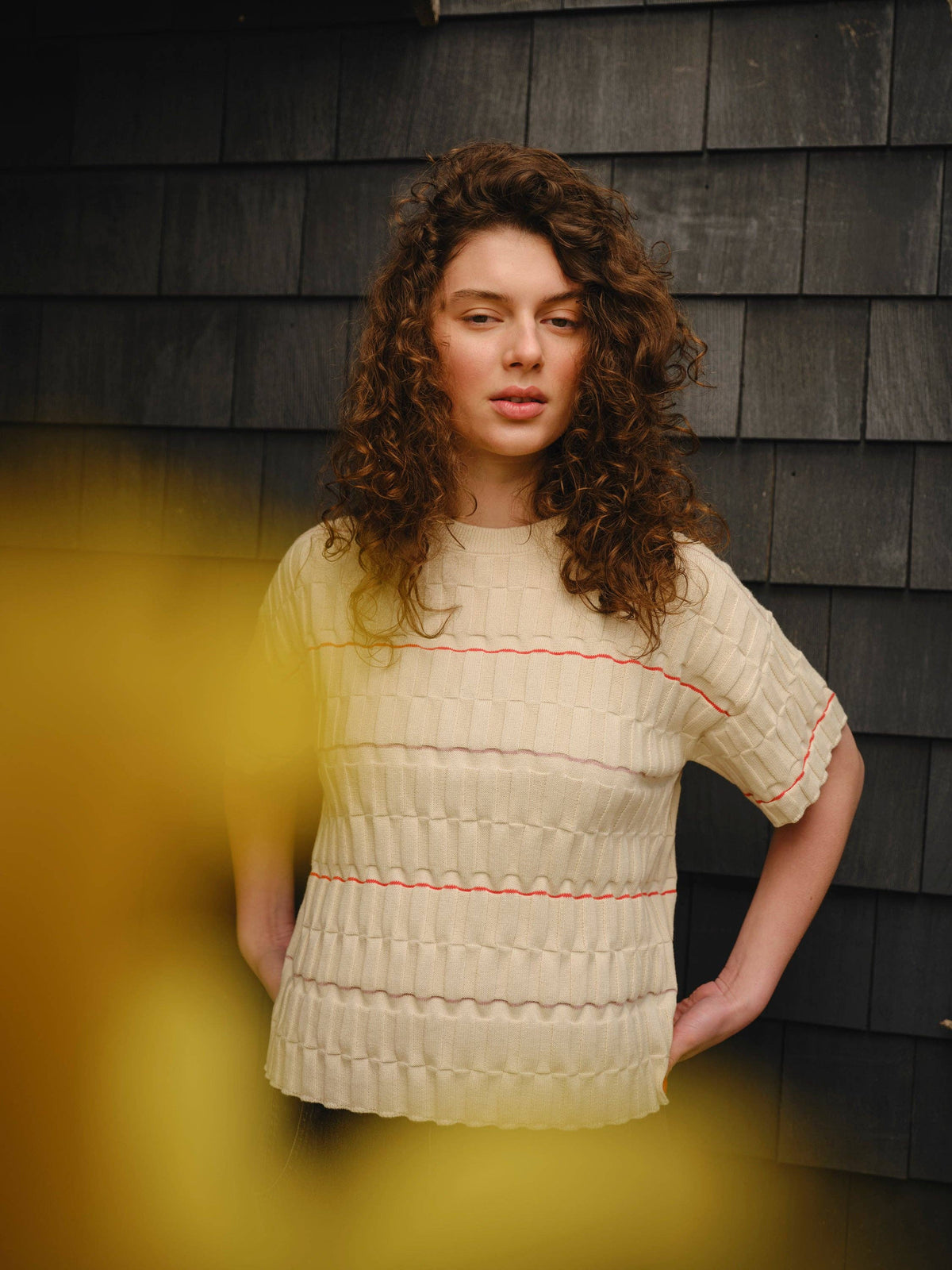 The Endery Wiggle Stripe Knit Grid Tee in the Daybreak Palette