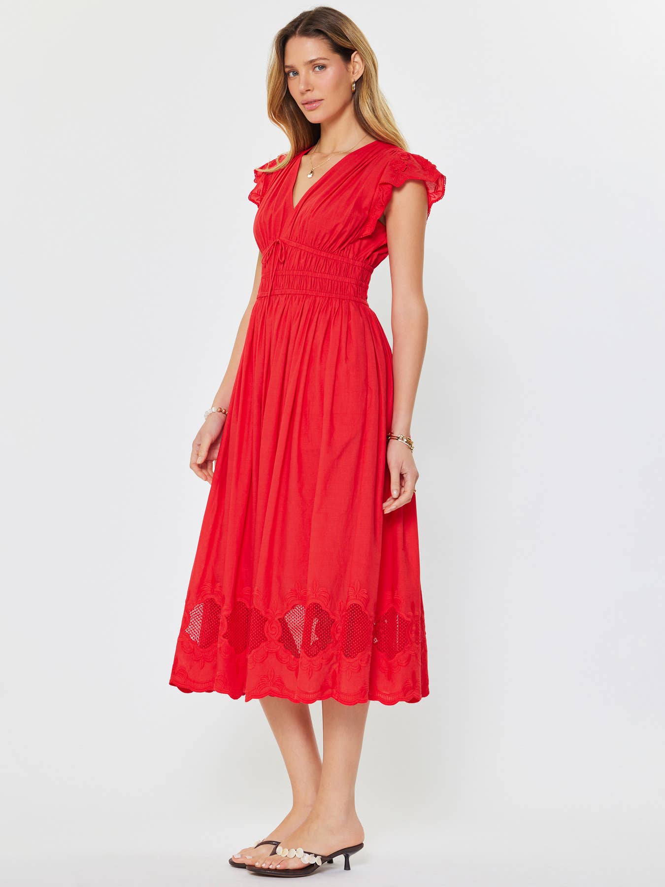 Current Air Embroidered Lace Red Midi Dress